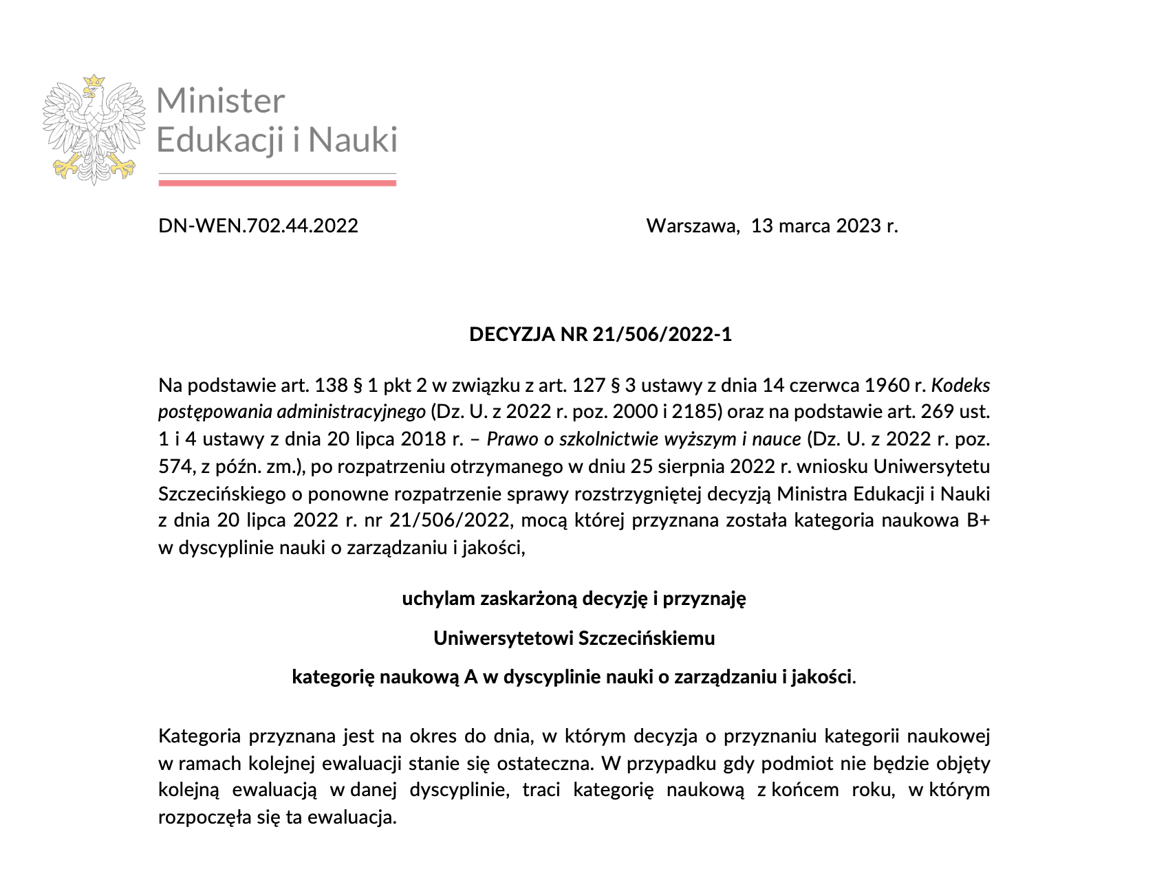Kategoria A dla dyscypliny nauki o zarządzaniu i jakości